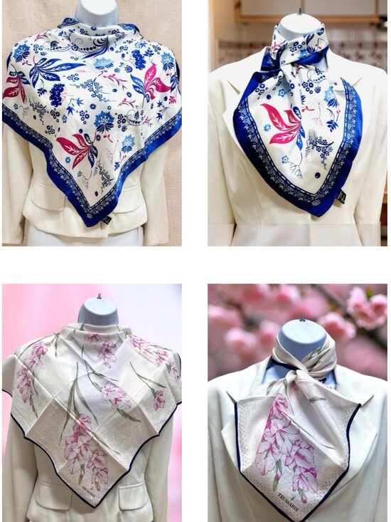 Trussardi Accessories - 2 Neck-Kerchief Silk Trussardi &Wensli 19" - 20.5" White pink blue floral (30)
